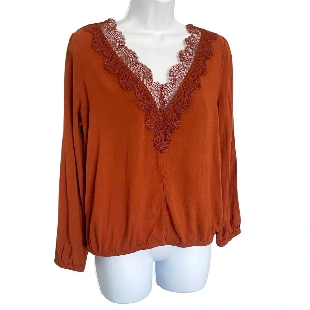 Express Burnt Orange Long Sleeve Blouse, Size Small, Lace-Like V-Neckline